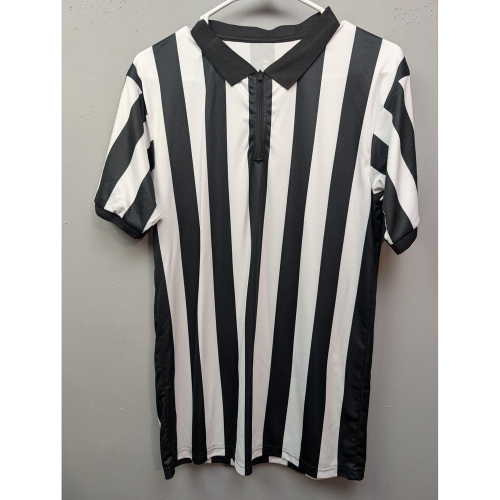 Referee Shirt Small Black White Stripe Zip Neck Collared Shine Stone